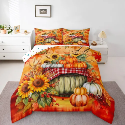 Miniatura 5 de Juego de edredón de cosecha de calabaza de otoño, tamaño individual, juego de ropa de cama de otoño con hojas de arce y girasol, decoración