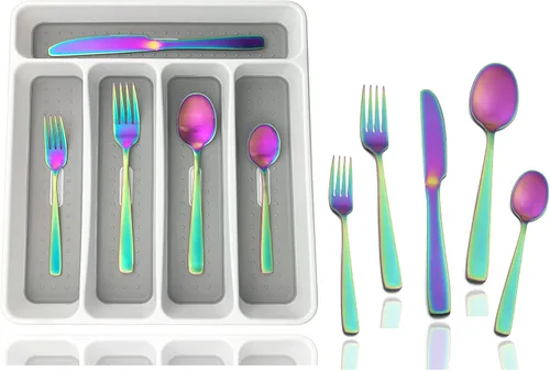Miniatura 19 de JASHII - Juego de cubiertos con bandeja, 20 piezas de acero inoxidable cuadrado cubiertos servicio para 4, acabado mate, utensilios de alimentación