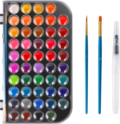 Pintura de acuarela, juego de pintura de acuarela lavable de 48 colores con un pincel, un pincel de agua recargable y una paleta, juegos de pinturas