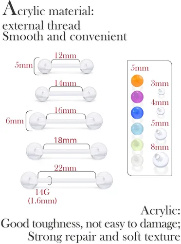 Miniatura 4 de Anillos de lengua de plástico de 14 G para cirugía deportiva, joyería de piercing de lengua transparente, acrílico flexible, recto, puente de barra