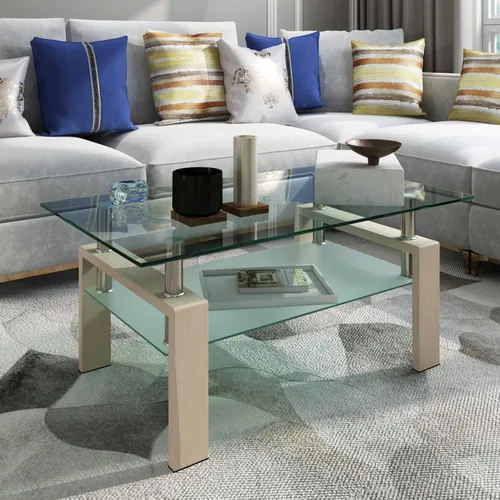 Miniatura 9 de Mesa auxiliar de cristal para sala de estar, mesa central rectangular de 2 niveles con patas de metal, mesa auxiliar para el hogar, oficina