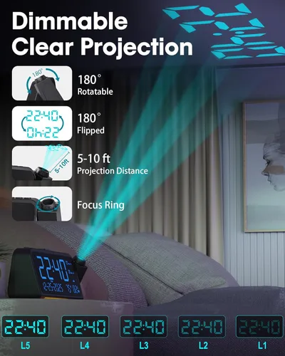 Miniatura 2 de Roxicosly - Despertador de proyección para techo de dormitorio, 118 dB súper fuerte para personas que duermen mucho, pantalla digital grande de 6.7