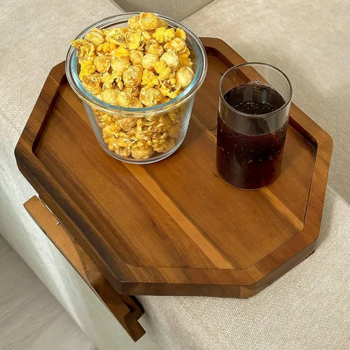 Miniatura 5 de Tinamo Bandeja para apoyabrazos de sofá octagonal de acacia, mesa de reposabrazos de sofá con brazos plegables - Caddy para sillón, bandeja con clip