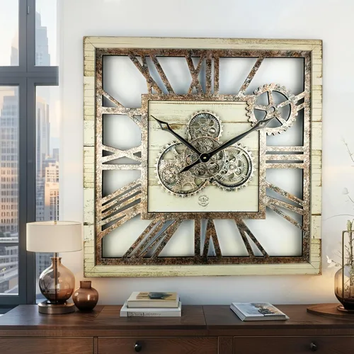 Miniatura 3 de ImprovingLife The Gears Clock Reloj de Pared Cuadrado de 24 Pulgadas con Engranajes Reales en Movimiento, Estilo Vintage Industrial de Gran
