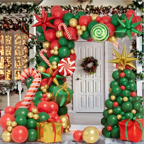 Miniatura 7 de Kit de arco de globos de Navidad de 171 piezas, globos rojos, verdes y dorados, globos de caja de regalo de caramelos, globos de papel de aluminio