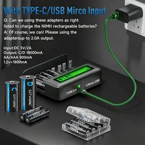 Miniatura 6 de CITYORK Baterías recargables C con cargador, paquete de 4 baterías NiMH de 5000 mAh tamaño C con cargador de batería universal LCD inteligente
