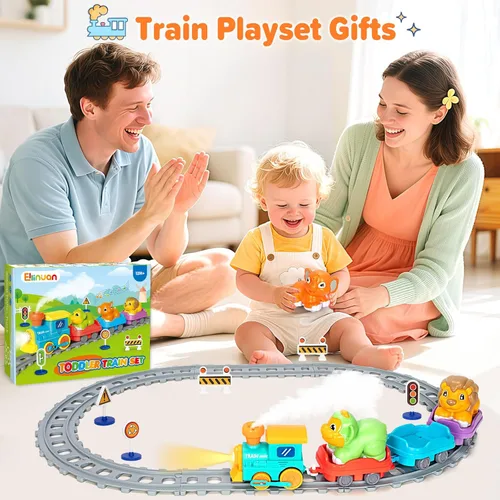 Miniatura 7 de Juego de tren eléctrico para niños pequeños, juguetes realistas de tren de vapor para niños con vías, juguetes de animales para niños pequeños de 1