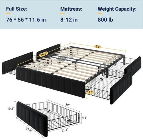 Miniatura 2 de Allewie Base de cama de plataforma de tamaño completo con 4 cajones de almacenamiento grandes, base de cama tapizada con canales verticales