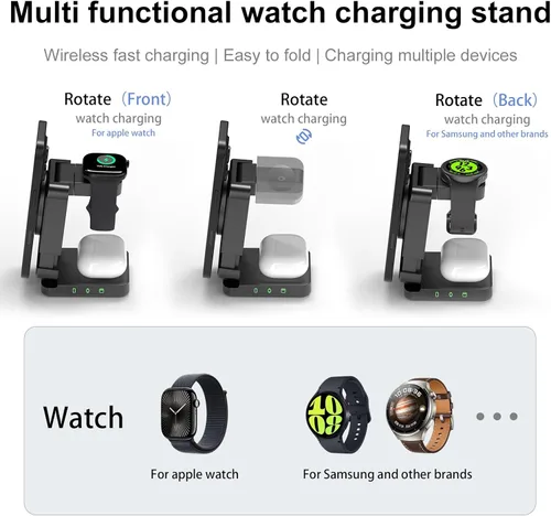 Miniatura 6 de Estación de carga inalámbrica plegable 3 en 1 Cargador plegable magnético para iPhone Apple Watch AirPods Estación de carga de viaje para Negro