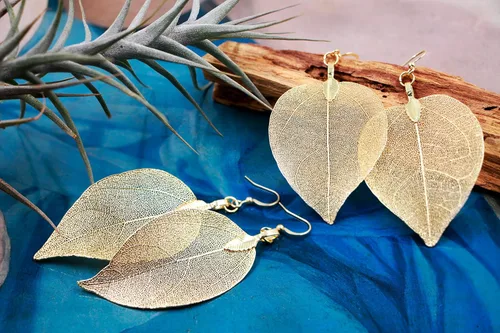 Miniatura 3 de Joyas de hoja de oro rosa y plata para mujer. Pendientes de hoja natural y collares circulares colgantes. Elegantes conjuntos de joyas colgantes.