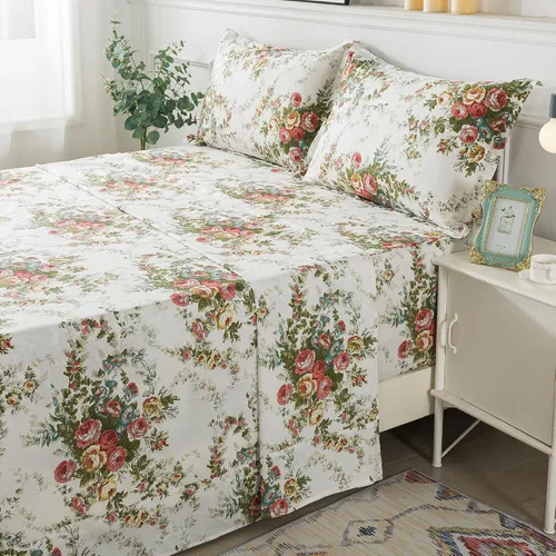 Miniatura 6 de FADFAY Juego de sábanas de cama vintage con diseño floral rosa tamaño King, 100% algodón premium, diseño floral shabby chic desgastado y elegante