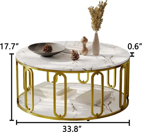 Miniatura 2 de Mesa de café redonda, mesa de madera con patrón de mármol y almacenamiento abierto redondo, patas sólidas de metal dorado para sala de estar