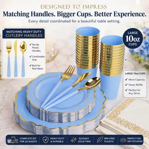 Miniatura 4 de Elegante juego de vajilla desechable azul y dorado para 25 invitados, 175 platos de plástico resistente, tazas y cubiertos dorados para baby