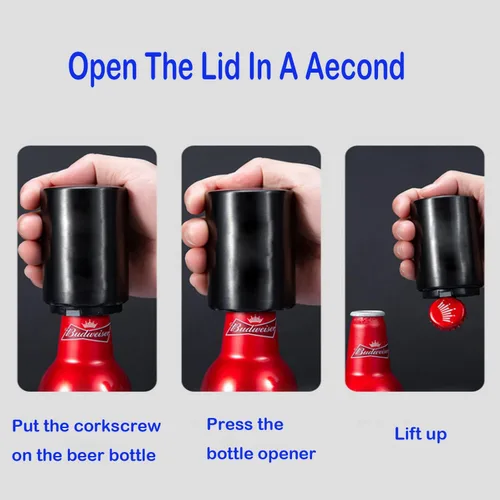 Miniatura 3 de Abridor automático de botellas de cerveza de acero inoxidable con captador de tapa, magnético, tipo empuje, negro