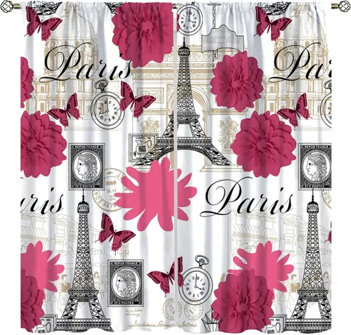 Miniatura 11 de Cortinas opacas con diseño de torre de París, diseño romántico de torre Eiffel, lavanda, decoración del hogar, dormitorio, sala de estar, cocina