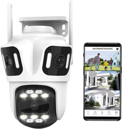 Cámara de seguridad para exteriores de triple lente WiFi de 9 MP, tres cámaras en una, panorámica/inclinación de 360°, seguimiento automático,