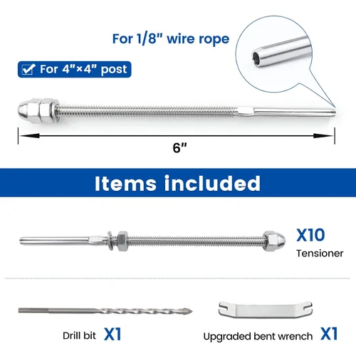 Miniatura 47 de Muzata Paquete de 10 accesorios de barandilla de cable negro de 1/8 pulgadas, tensor roscado a mano para poste de metal de 2 x 2 pulgadas, sistema