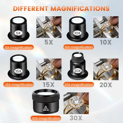 Miniatura 3 de Juego de 5 lupas de joyero, lupa portátil con lente de vidrio de 5 x 10 x 15 x 0.787 x 1.181 x 1.417 in, mini lupa monocular para inspección