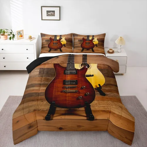 Miniatura 11 de Juego de ropa de cama de guitarra, tamaño individual para niños y niñas, juego de edredón con teclados de piano, temática musical, inserto