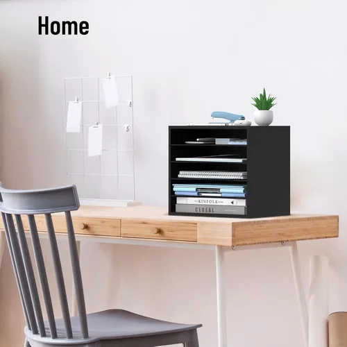 Miniatura 7 de Organizador de escritorio de madera de 5 niveles, organizador de bandeja de papel para escritorio con estantes de almacenamiento ajustables, Negro