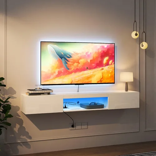 Miniatura 2 de Vibe & Dine Soporte de TV LED con diseño de patrón en espiral, soporte de TV flotante de 63 pulgadas con luces RGB, centro de entretenimiento