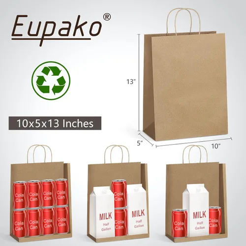 Miniatura 4 de Eupako Bolsas de compras Kraft de 10 x 5 x 13 – 100 unidades de papel marrón con asas, regalo a granel, recuerdo de fiesta, mercancía, venta al por
