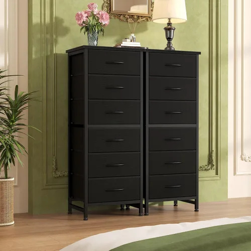 Miniatura 7 de Sweetcrispy Cómoda alta de tela para dormitorio, cómoda delgada de 6 cajones, torre de almacenamiento estrecha con parte superior de madera y marco
