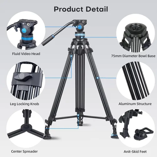 Miniatura 2 de SIRUI AM-25S Trípode de Video, 74.8" Trípode Profesional de Servicio Pesado con Cabezal Fluido de Amortiguación Ajustable para Videocámara, Cámaras