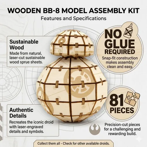 Miniatura 2 de IncrediBuilds Star Wars BB-8 Kit de modelo de rompecabezas de madera 3D (81 piezas) – Construye y pinta tu propio androide, no requiere pegamento