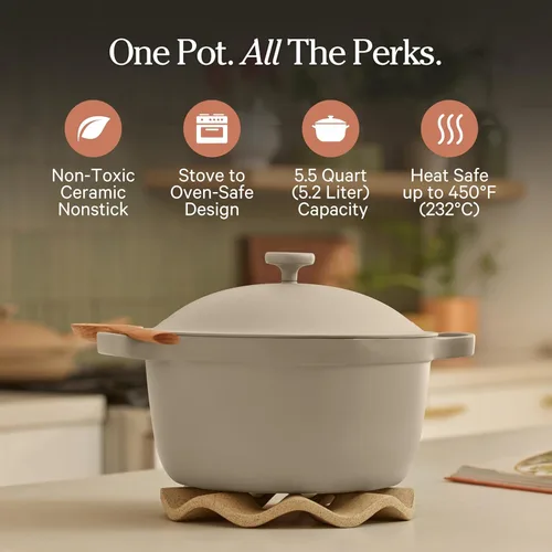 Miniatura 2 de Our Place Perfect Pot Olla de cerámica de 5.5 cuartos de galón con tapa y espátula Utensilios de cocina patentados 8 en 1, antiadherentes, sin