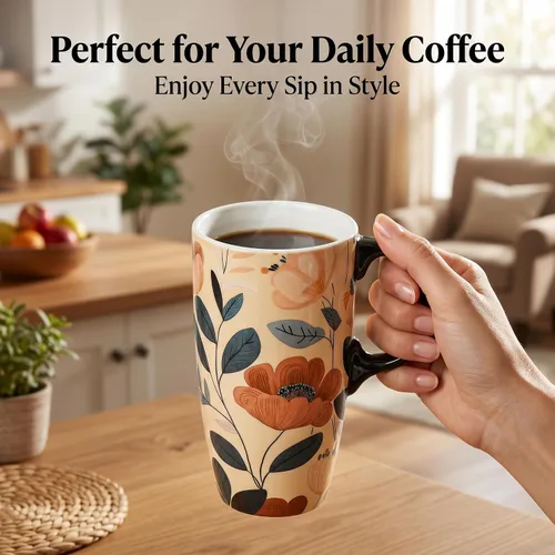 Miniatura 7 de Taza de café de viaje de cerámica con tapa para el hogar y la oficina, taza de té alta de porcelana de 17 onzas con mango de arte floral en caja