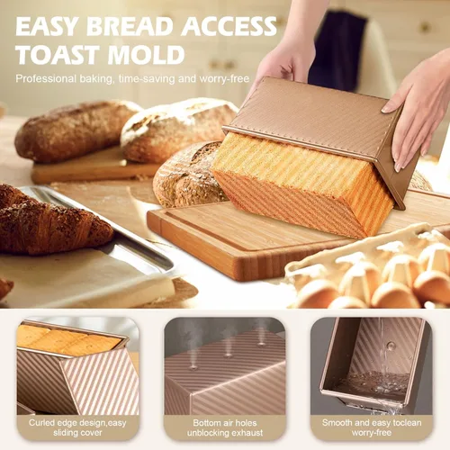 Miniatura 5 de Paquete de 2 moldes para pan con tapas, capacidad de masa de 1 libra, molde para pan Pullman de acero al carbono antiadherente para sándwich casero