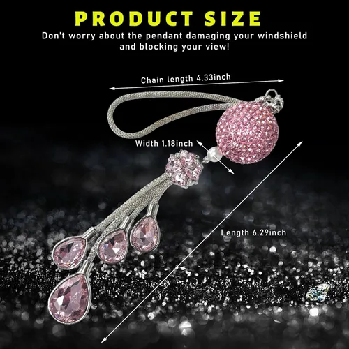 Miniatura 2 de Colgante brillante de bola y gotas para coche, adorno de espejo retrovisor de cristal para mujeres y niñas, accesorios universales brillantes