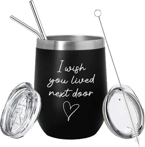 Bubble Hugs WItty - Vaso de vino negro de 12 onzas – Taza divertida con texto en inglés "I Wish You Lived Next Door" para mejor amigo