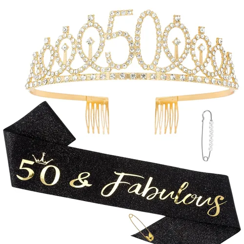 Kit de tiara y banda de cumpleaños "50 & Fabulous", regalos de cumpleaños 50 para mujeres, decoraciones de fiesta de cumpleaños número 50 (negro)