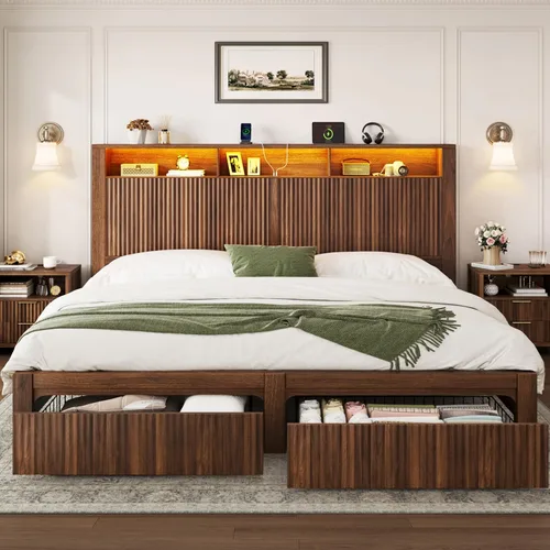 Miniatura 12 de CypBed Base de cama de tamaño matrimonial con cabecera y cajón de almacenamiento, marco de cama matrimonial con luz LED y puerto de carga, diseño