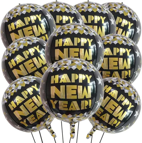KALOR Globos de papel de aluminio de 22 pulgadas de feliz año nuevo, 10 piezas, globos grandes 4D gigantes redondos de papel de aluminio metálico