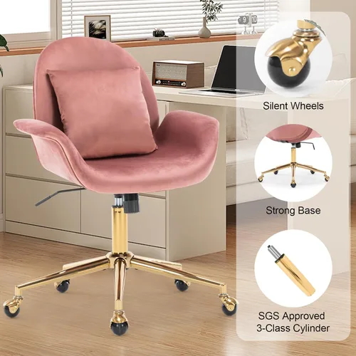 Miniatura 7 de Silla de escritorio de terciopelo rosa para oficina en casa con base dorada para mujeres y niñas, silla giratoria de maquillaje con almohada, silla