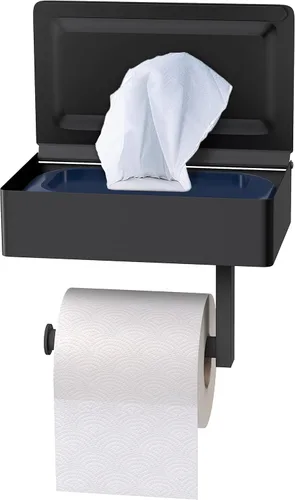 Soporte de papel higiénico autoadhesivo de pared con estante y almacenamiento para toallitas – Soporte de papel higiénico negro mate de acero