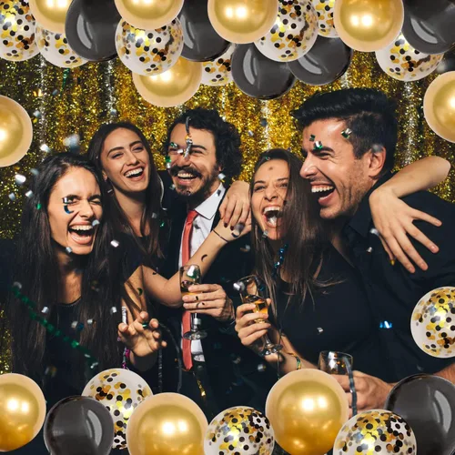 Miniatura 5 de Globos de látex de confeti negro y dorado, 50 piezas de 12 pulgadas, globos dorados metálicos y negros para decoraciones de fiesta de cumpleaños