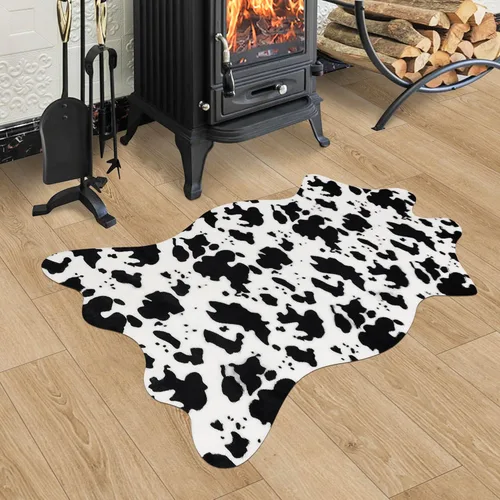 Bonita alfombra con estampado de vaca, pequeña de piel sintética de vaca en blanco y negro, alfombra con estampado animal para mesa, dormitorio,