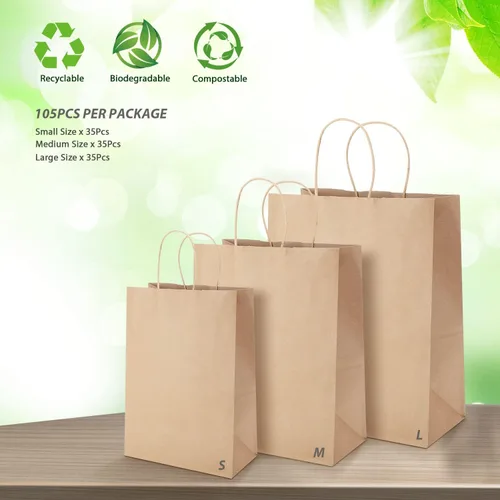Miniatura 3 de Kslong Paquete de 105 bolsas de regalo de estraza marrón con asas, bolsas de compras de papel kraft liso natural a granel para negocios minoristas