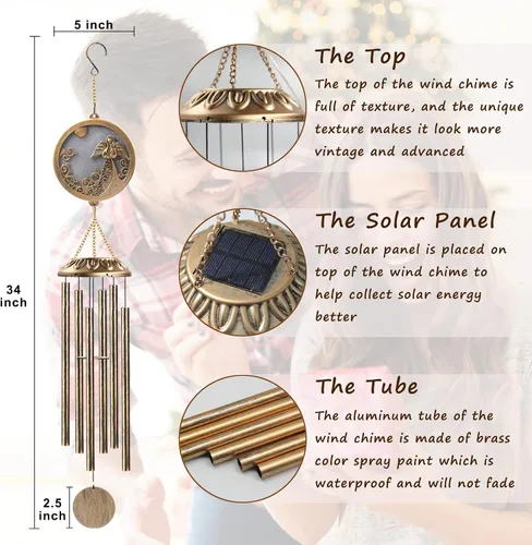Miniatura 5 de Carillones de Viento, Carillones de Ángel Solar con Tono Profundo, Regalo Conmemorativo para Mamá/Abuela/Mujeres, Campanillas de Viento al Aire