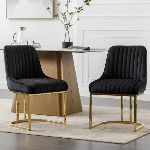 Miniatura 8 de Shunzhi Juego de 2 sillas de comedor modernas de terciopelo tapizadas, sillas de cocina con patas de metal dorado/respaldo sin brazos para cocina