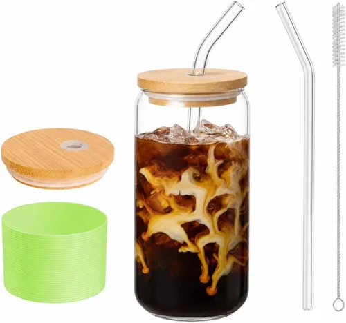 Miniatura 13 de Taza de bambú de vidrio de 16 onzas con tapa y pajita, juego de tazas de café de vidrio de 16 onzas, batido, cerveza, jugo, matcha, vasos estéticos