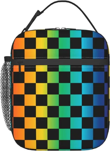 Bolsa de almuerzo a cuadros negra y arco iris, portátil, reutilizable, con cremallera, para picnic, trabajo, oficina, viajes, escuela