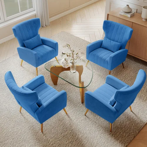 Miniatura 12 de Nebuaegis Silla decorativa de terciopelo con respaldo alado para sala de estar, sillón de respaldo alto con patas doradas, almohada lumbar, sofá