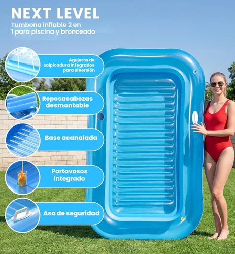 Miniatura 4 de Inflatable Tanning Pool Lounger Float with Sprinkler, 77" x 48" XL Tanning Pool for Adults with Pillow & Cup Holder, 6 in 1 Suntan Tub Sunbathing