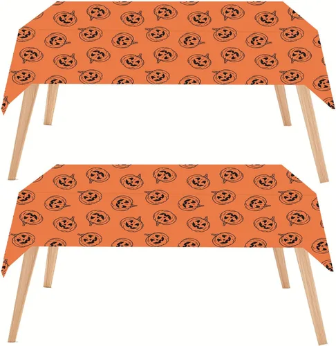 Halloween Tablecloth - 2pcs 86x54in Disposable Paper Table Covers Spill-Proof Table Decorations, Cute Orange Pumpkin Rectangle Tablecloth for