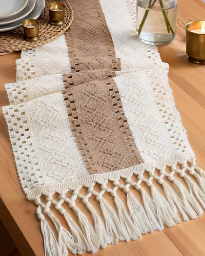 Pureegg Camino de mesa bohemio de granja – 48 pulgadas, diseño de borla tejida con textura de lino para decoración de mesa de comedor, cocina, mesa